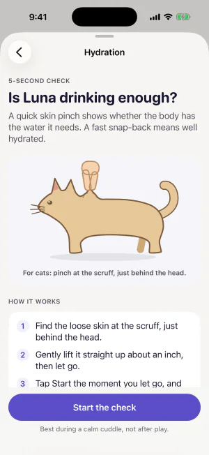 The Pawnda iPhone app, coming soon, teaching the five-second skin tent check for Luna, a fictional cat: pinch at the scruff, then Start the check.